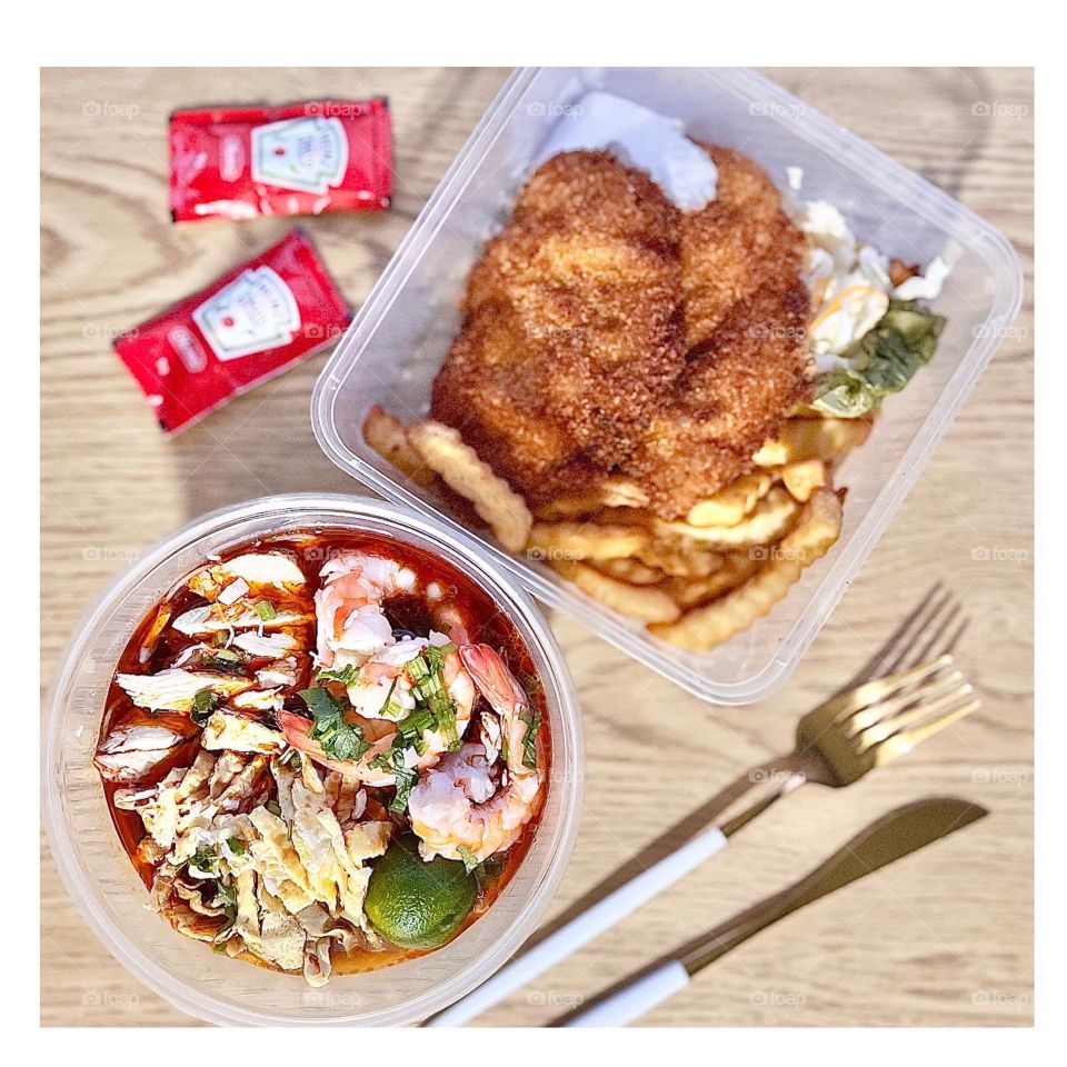 Sarawak laksa with fish and chips