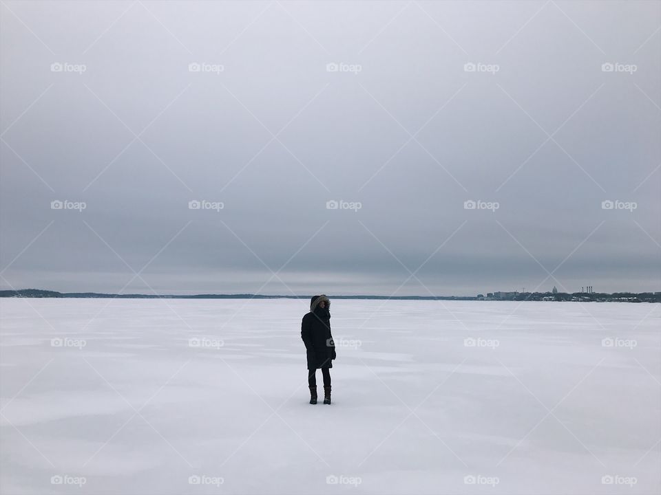 me standing on frozen lake monona, madison, wi