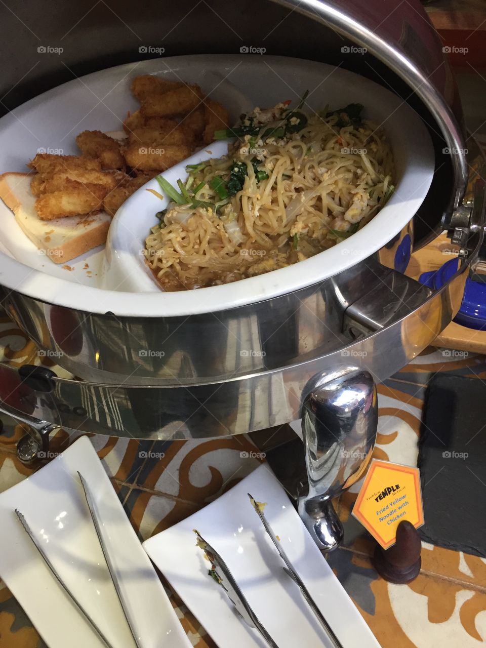 Fried Potato Croquette and Noodles for Breakfast- Cambodia. 