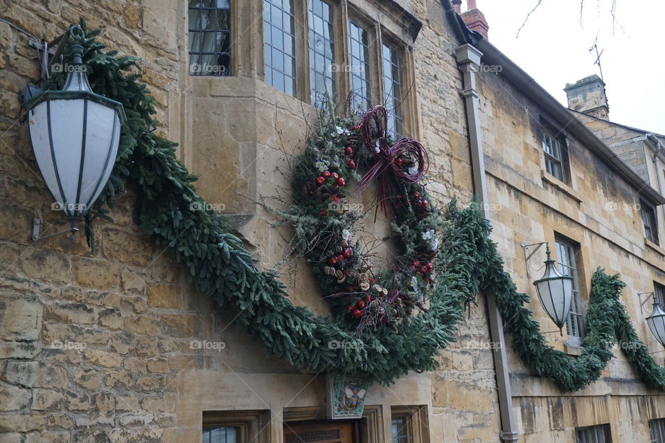 Christmas Swags on a Cotswold Cottage 