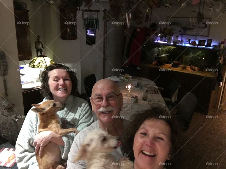 Portrait of a smiling family with dogs