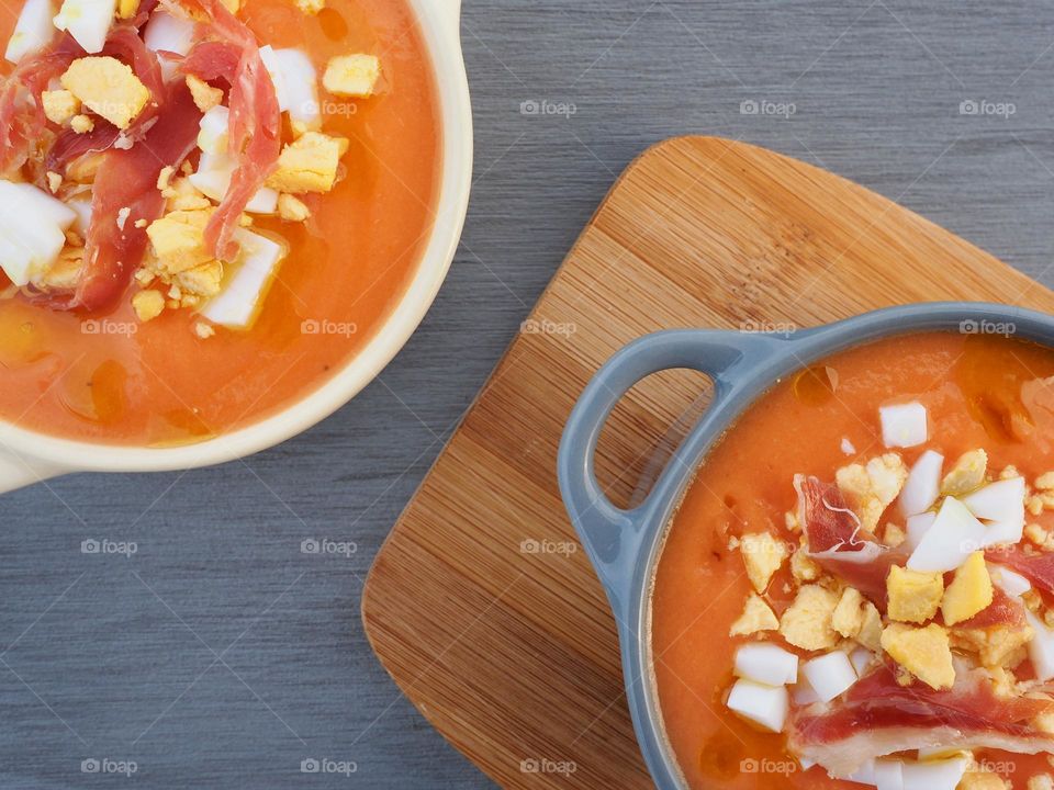 Salmorejo spanish tomato soup with egg and ibérico ham