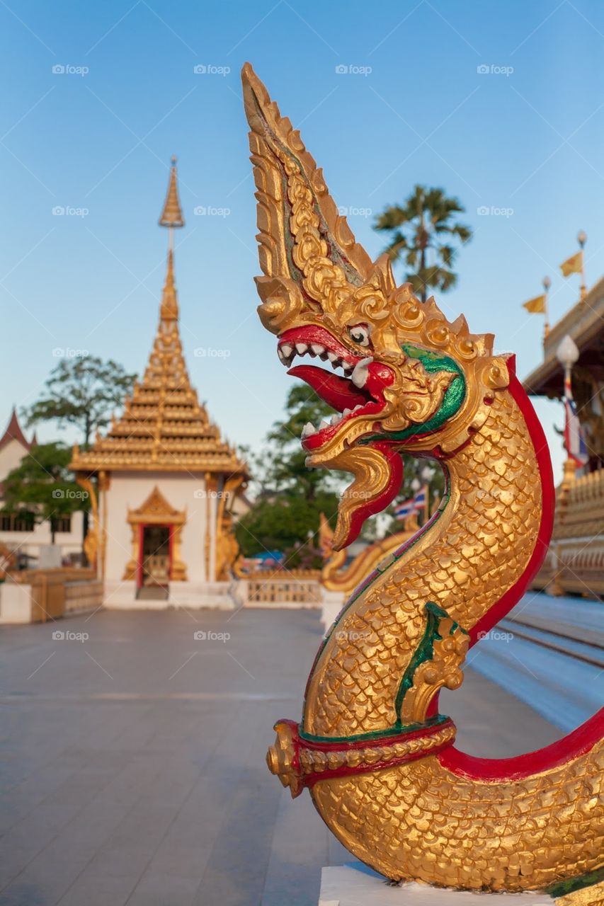 Closeup of head of king Naga in Thai temple