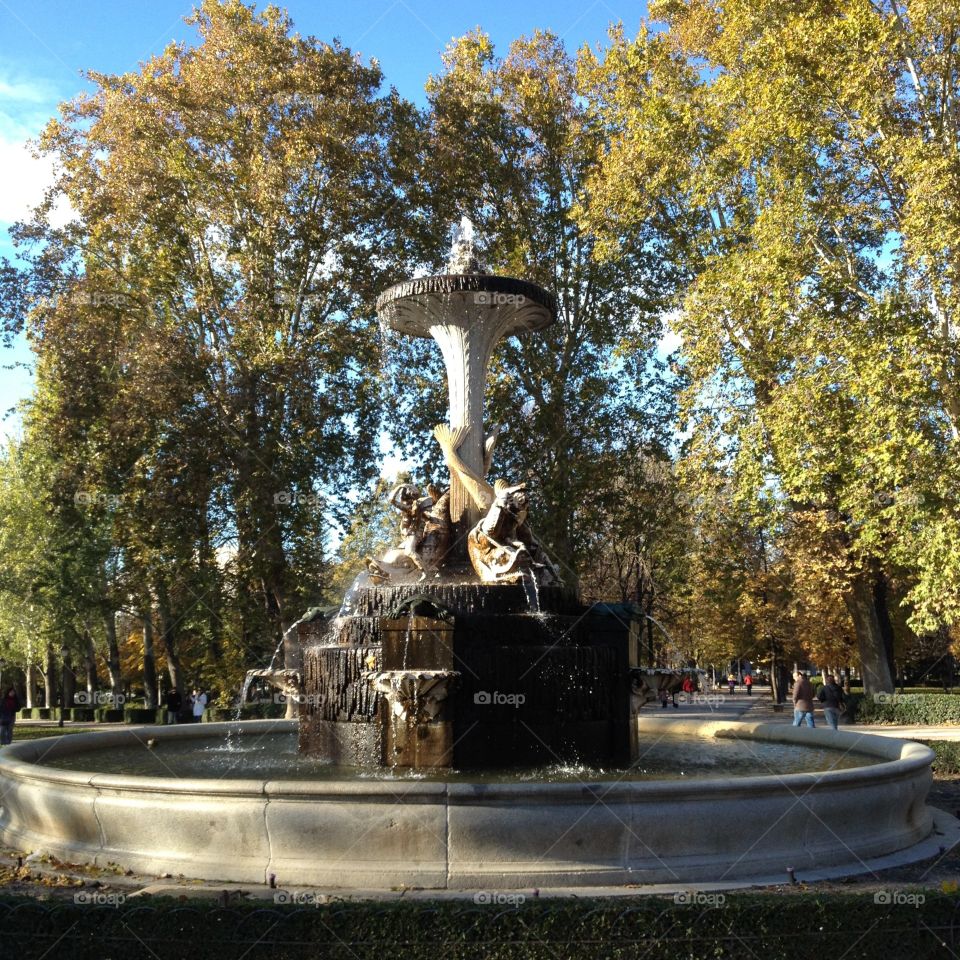 Park Statue. Madrid Buen Retiro park monument art sculpture trees stone 1500s architecture historic beauty outdoors 