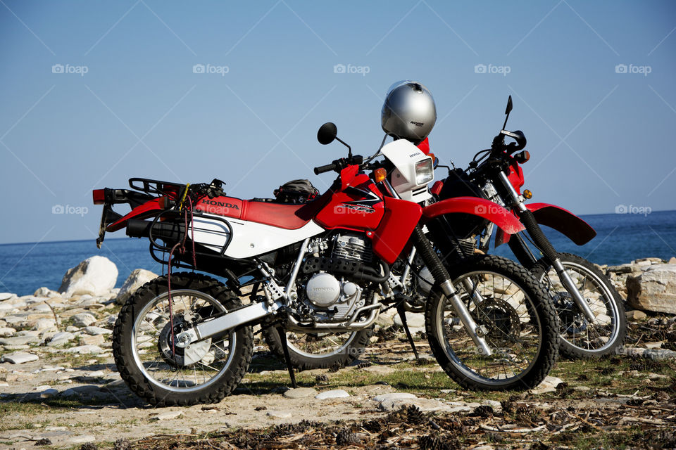 honda motorbikes on beach. honda sport motorbikes on Livadi beach on Thassos island,Greece