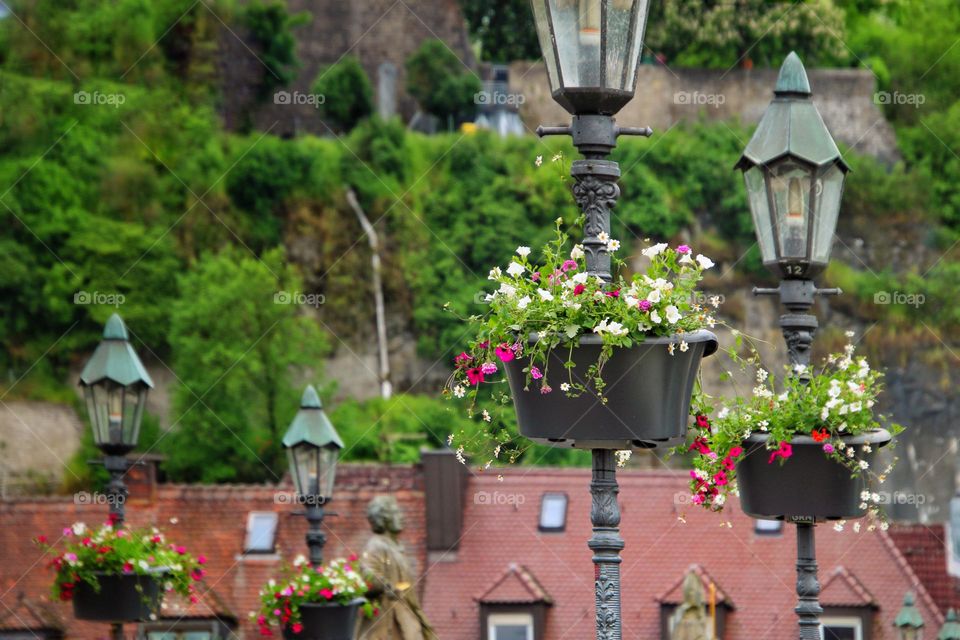 Street lights with potted colorful flowers in the city