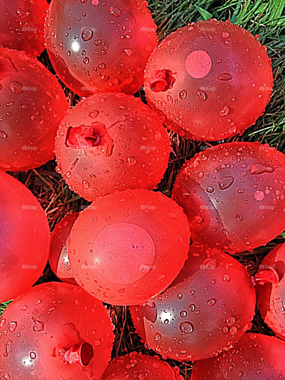 High angle view of red water balloons
