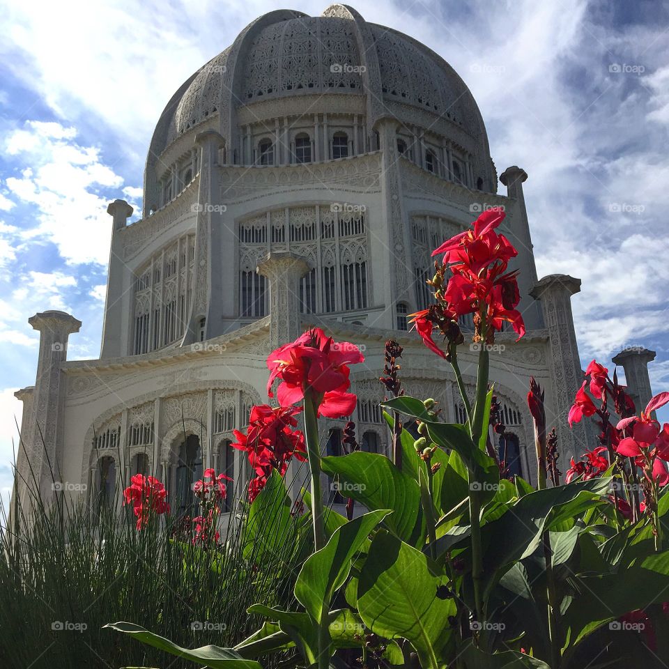 Baha'i temple and flowers
