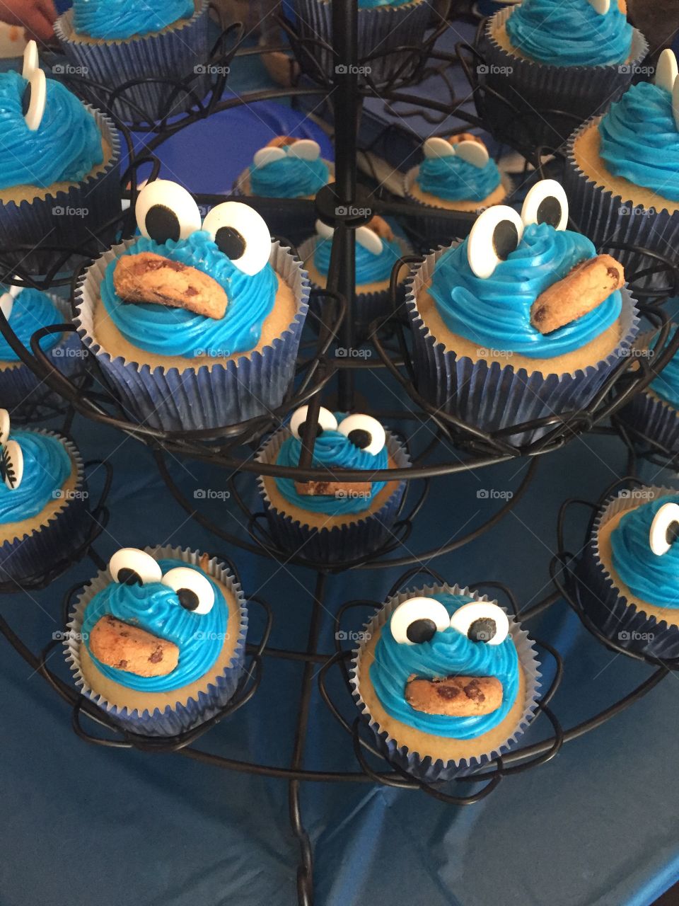 My sons first birthday Cookie Monster cupcakes
