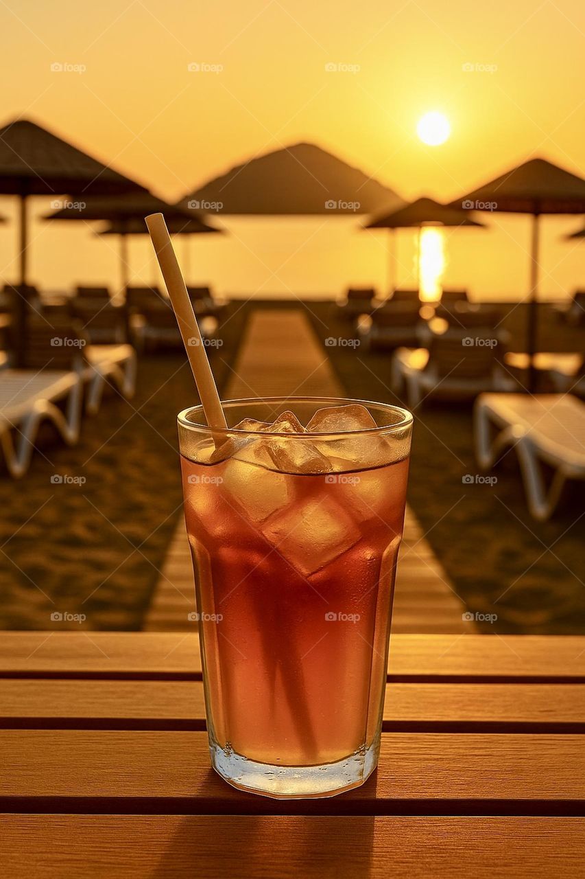 A refreshing iced tea in a glass with a straw, placed on a wooden table at the beach during a golden sunset. Blurred sunbeds and parasols in the background create a dreamy summer vibe.