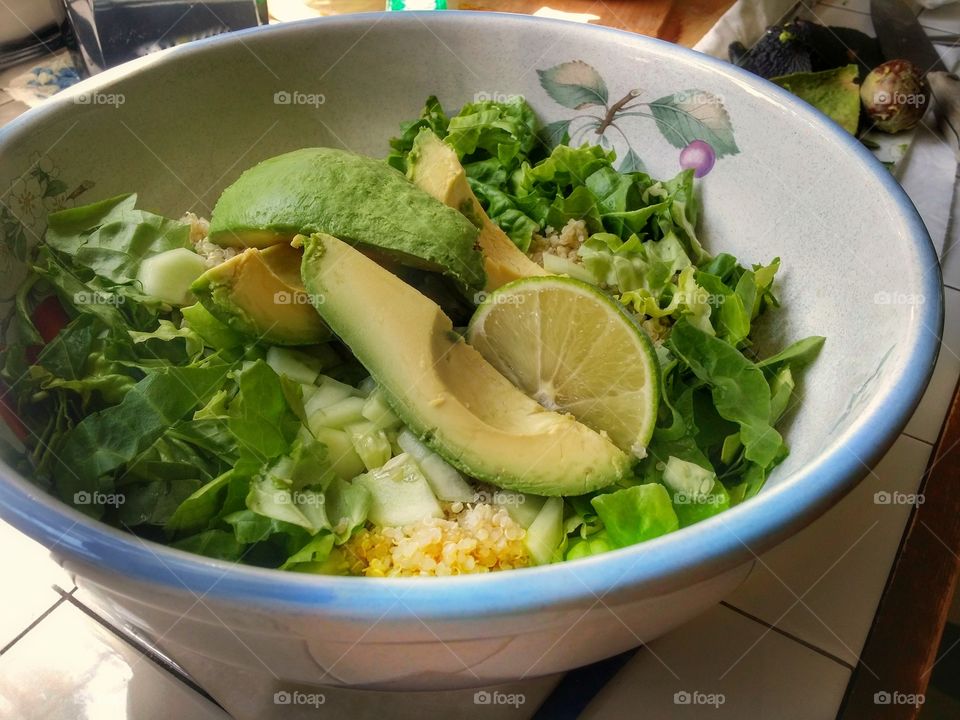 Cucumber, Spinach, Butter Lettuce, Quinoa, Avacado with a Squeeze of Lime
