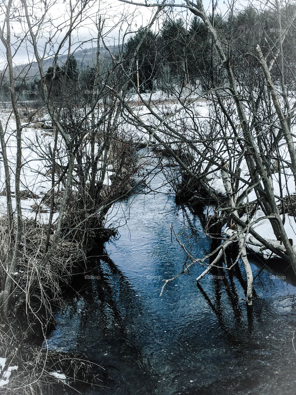 Blue brook. An early spring day in rural Vermont.  It was cold, windy and there was still snow on the ground. 