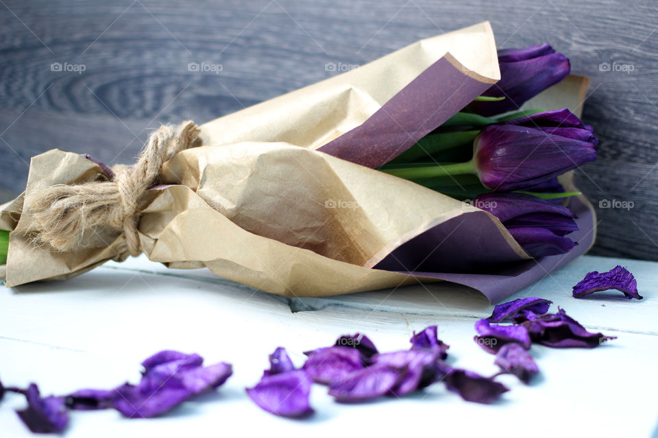 A bouquet of tulips and purple rose petals: congratulations, March 8 (International Women's Day), February 14th (Valentine's Day), holiday