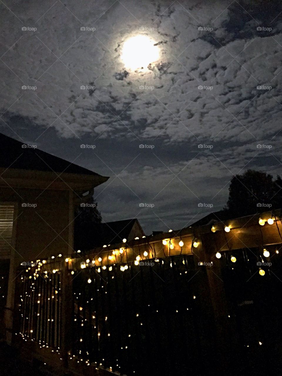 Moon veiled by clouds, twinkling lights, midnight in the city