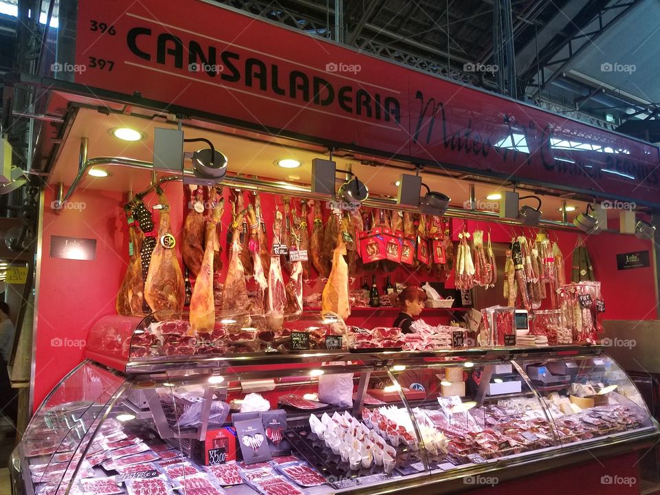 Jamon and other meats at La Boqueria in Barcelona