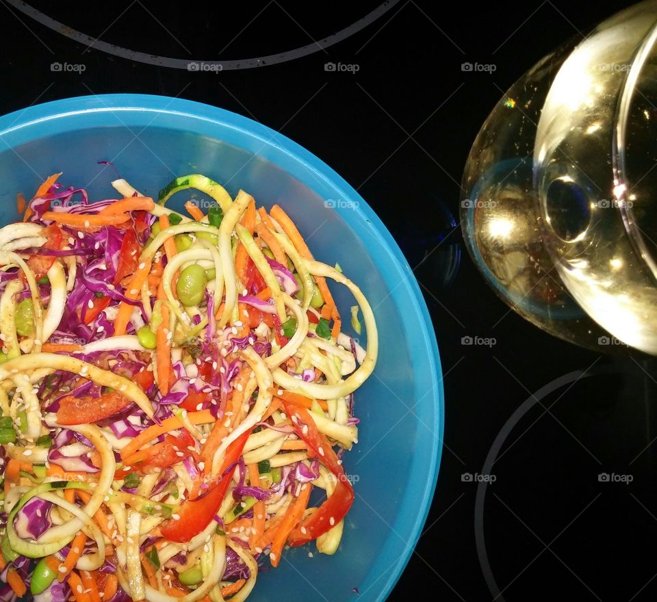 zoodles, veggies and wine