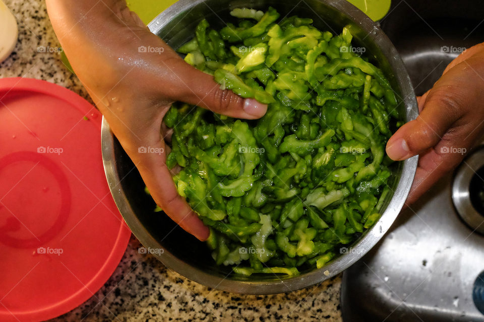 Love vegetables. Washing bitter Mellon to make a tasty healthy dinner