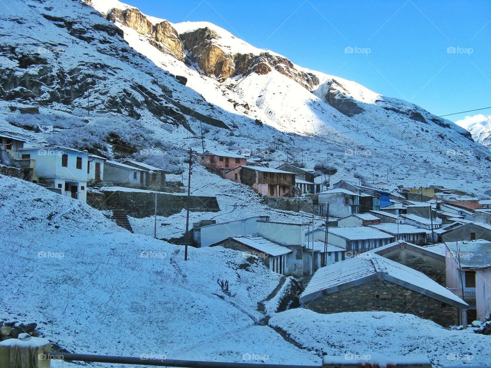 Badrinath the last Indian town in the Himalayas covered by snow