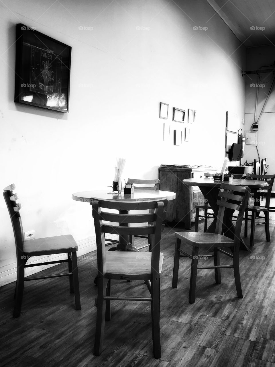 Empty cafe... if you can ignore the 20th century items, this cute cafeteria makes us feel as some place from another era/time. 