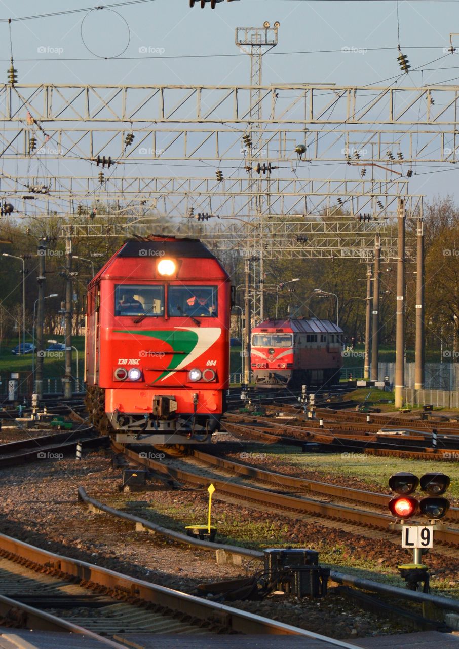 red locomotive approaching