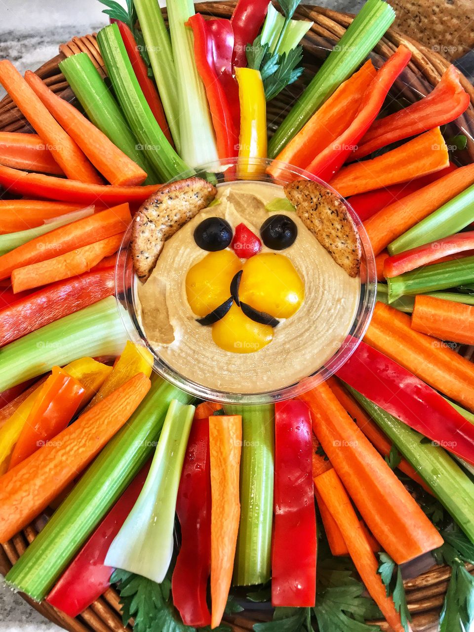 The vegan lion, selection of vegetables arranged in s tray