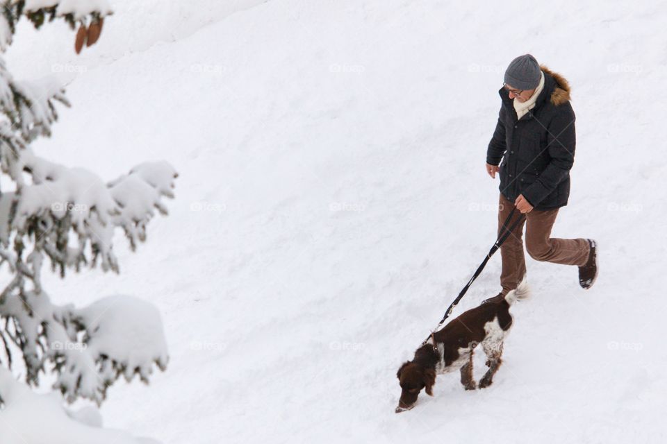 Man  Walking His Dog In The Snow