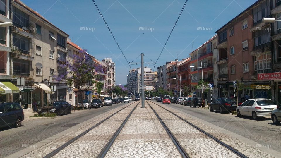 Street view of Almada, Portugal (I just love the way that that lonely bird was at right moment in the midle of my shot, centered with the lines of the train)