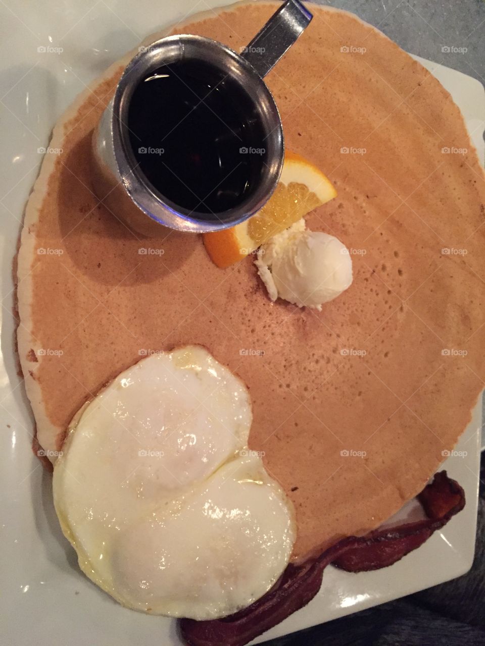 Breakfast pancake and eggs