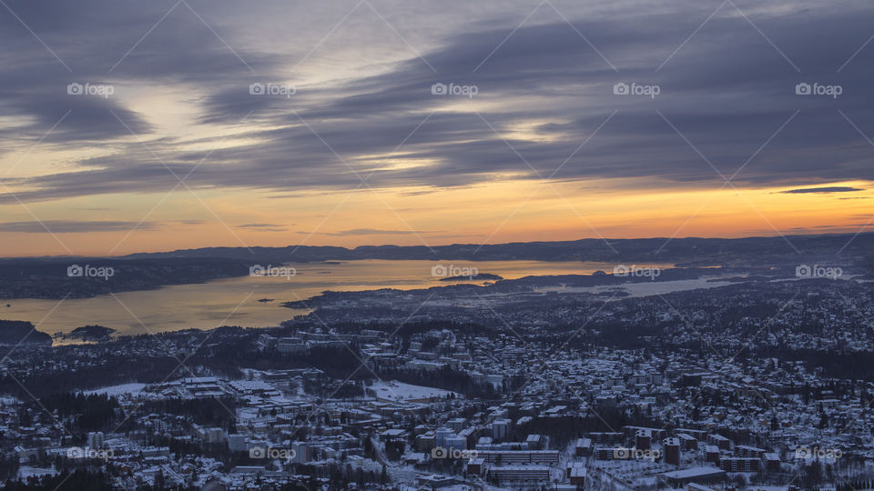 View from above of Oslo during sunset 