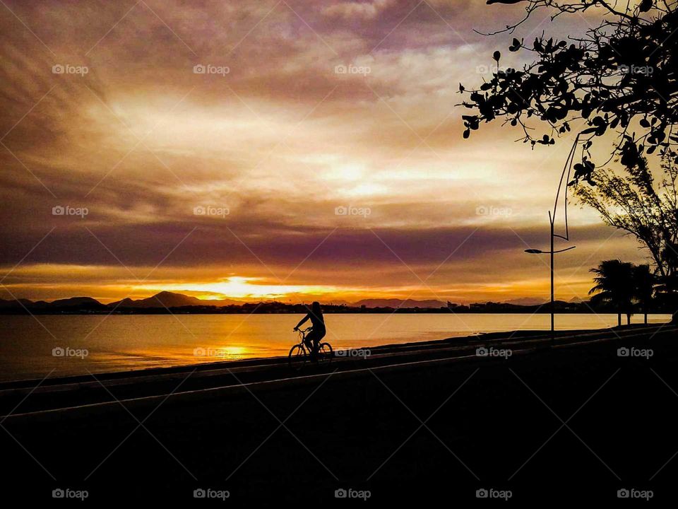 person riding a bike on the waterfront at a beautiful sunset