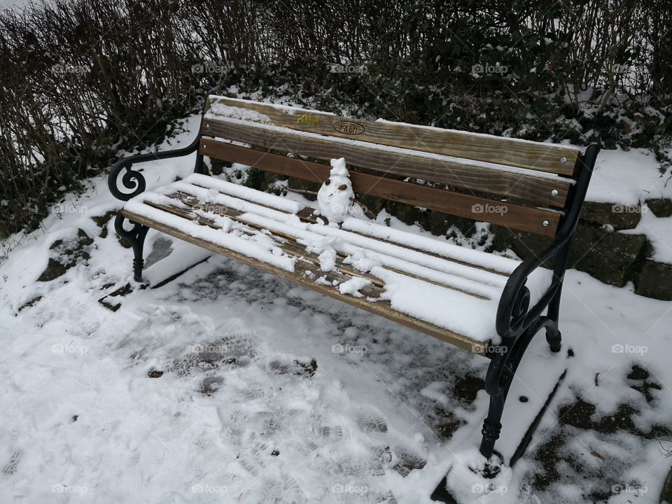 Bench, Snowman, Snow, Urban, Luxembourg, Luxembourg