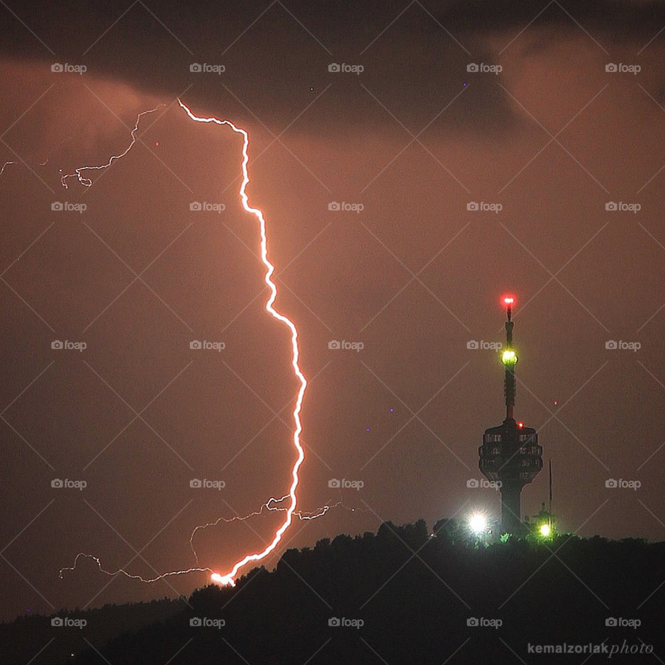 Lightning over the Hum tower, in Sarajevo, capital of Bosnia and Herzegovina, on June 2, 2018