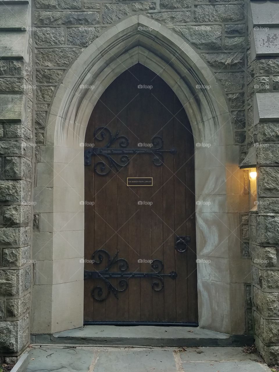 Arched brown wooden door with large hardware