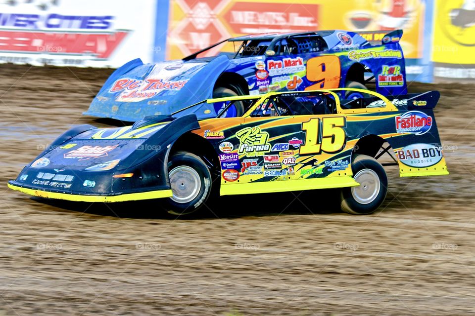 Action Photo of Donny Schatz NLRA Dirt Track Late Model Race Car Racing at The World Famous Legendary Bullring River Cities Speedway in Grand Forks ND  