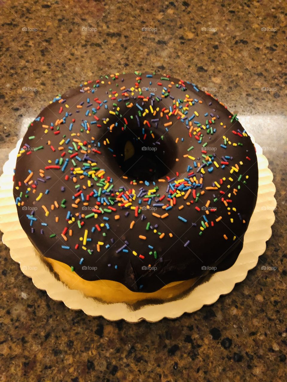 It’s a chocolate frosted with sprinkles doughnut shaped cake—yum!