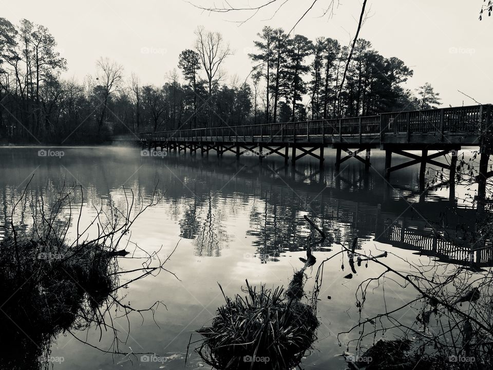 Black and white image of a wooden footbridge 