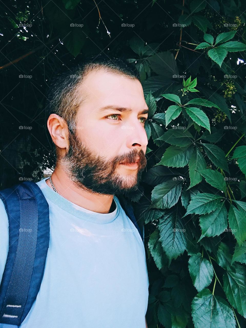 a man with a beard on a background of green leaves of a vineyard