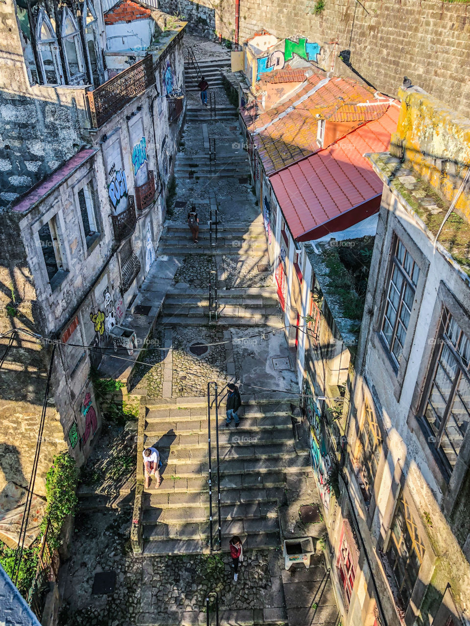 The view from up above a pedestrian stepped street in Porto