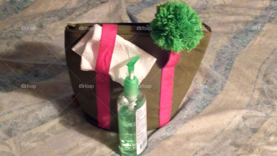 Insulated lunch sack with pompom and aloe hand sanitizer
