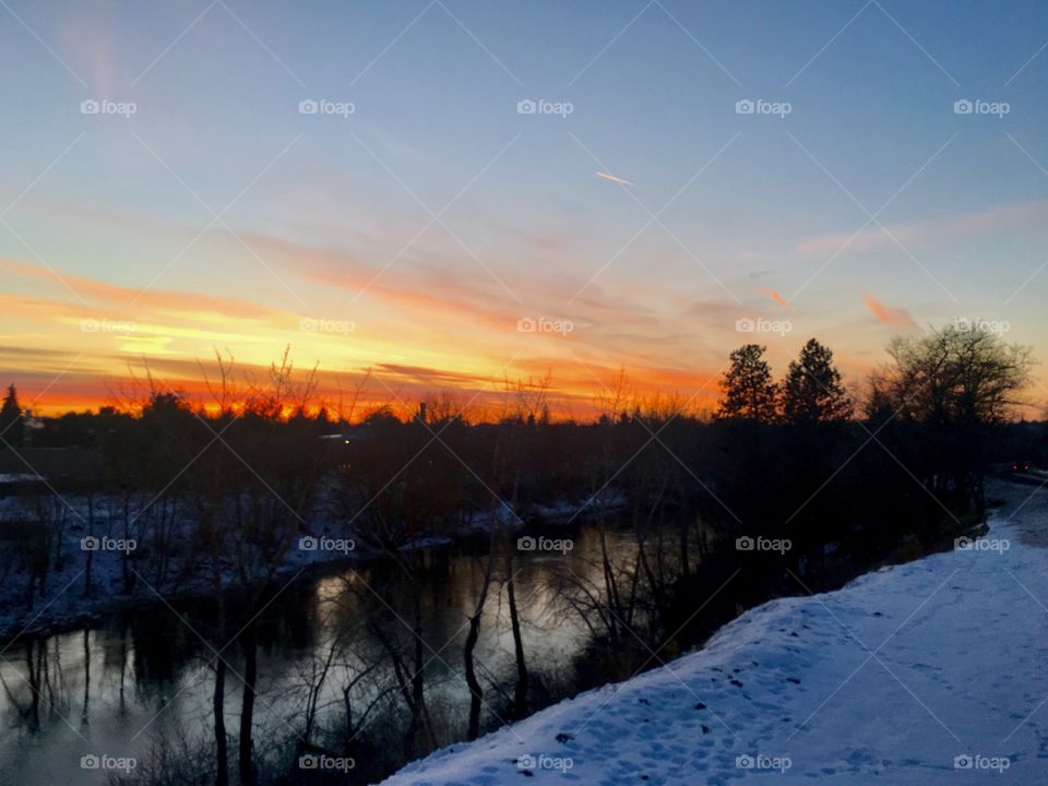 January sunset over the Spokane River 