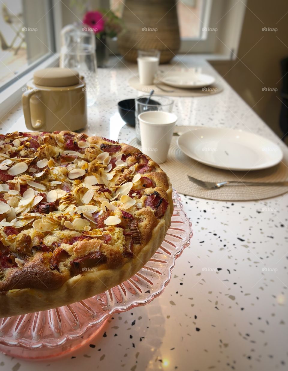 Rhubarb pie on the kitchen table 