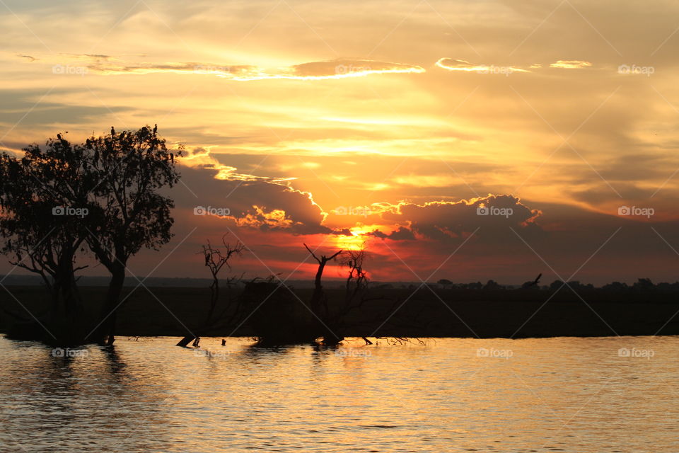A gorgeous sunset on the Chobe River ablaze with reds, yellows and oranges. Botswana