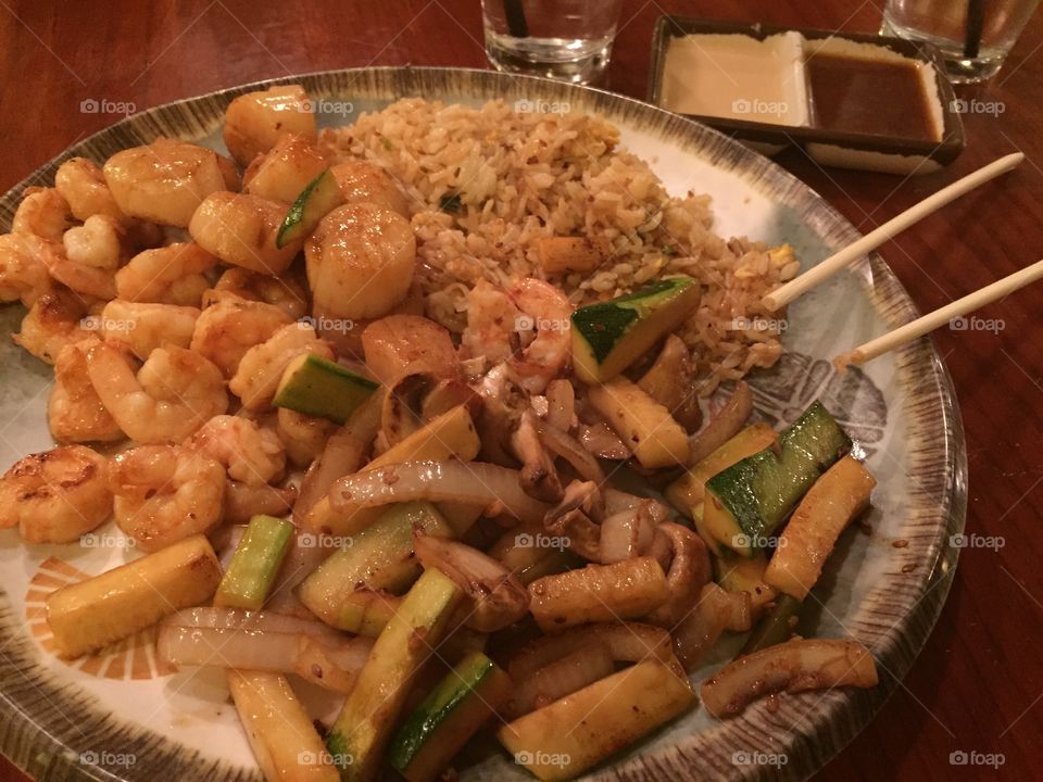 Hibachi Heaven. Hibachi cooked shrimp, scallops, vegetables and rice. Yum! 