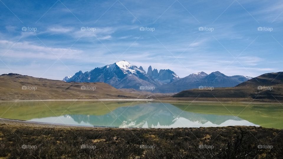 Reflection of the Pain towers in Chilean Patagonia