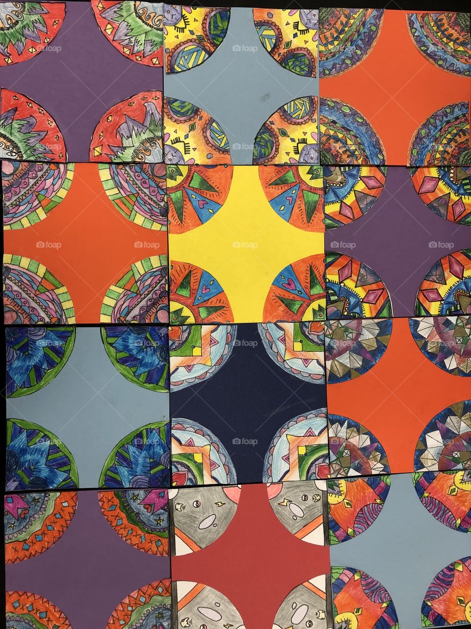 Children artwork unifying circles with colorful patterns and designs