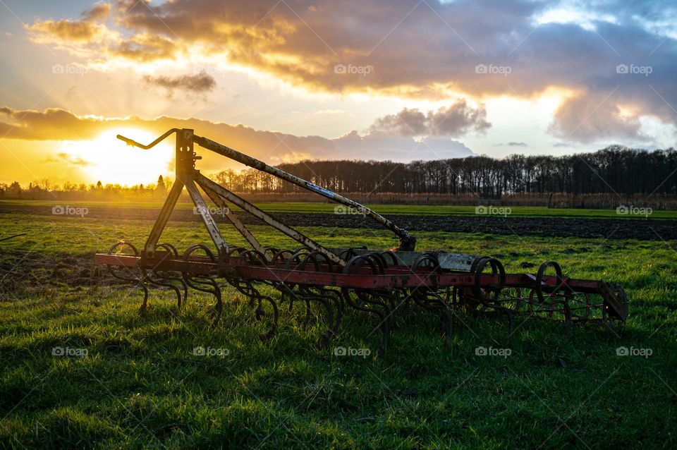 Old agricultural machine, a pow. During sunset on the meadow