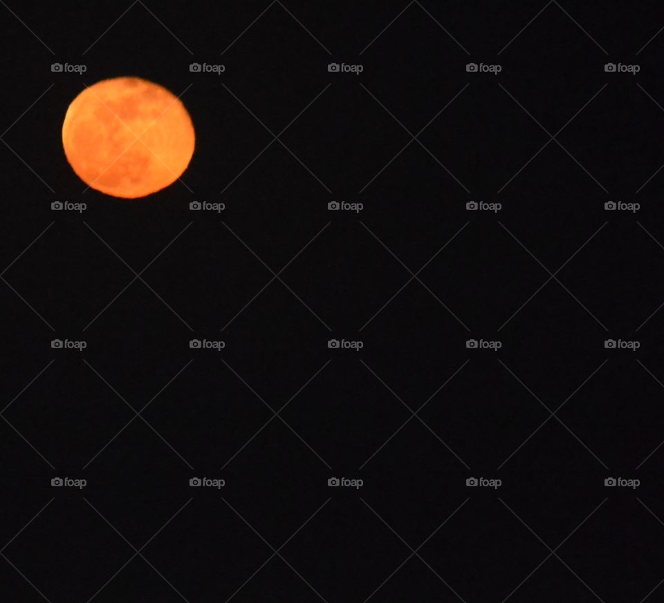 A bright orange full moon on the top left over a black sky