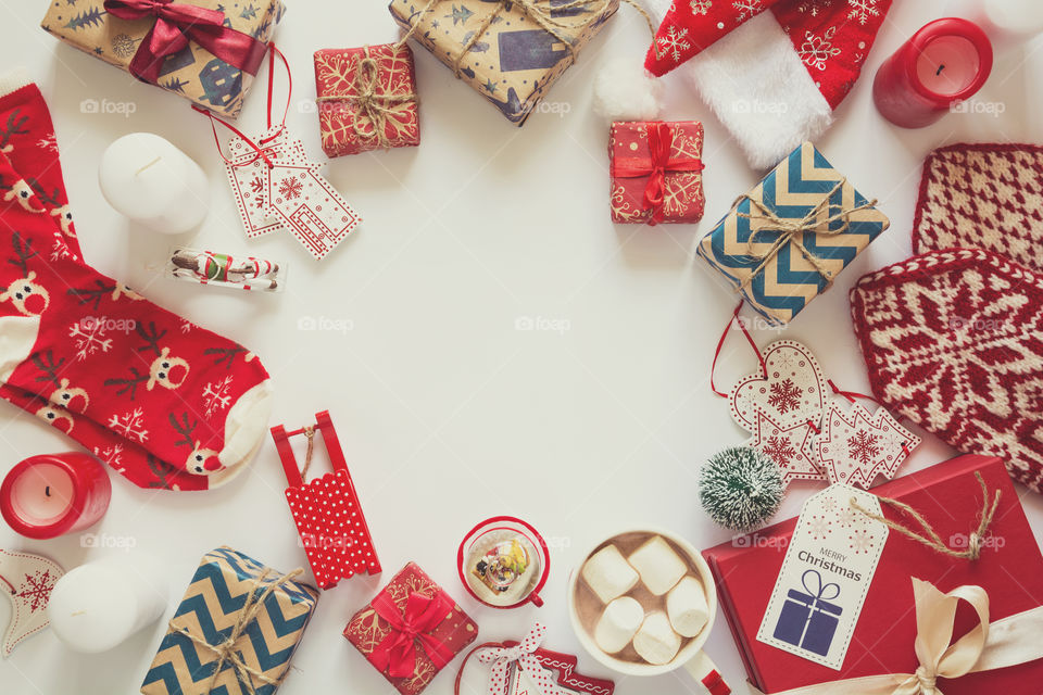 Christmas decorations, top view, frame