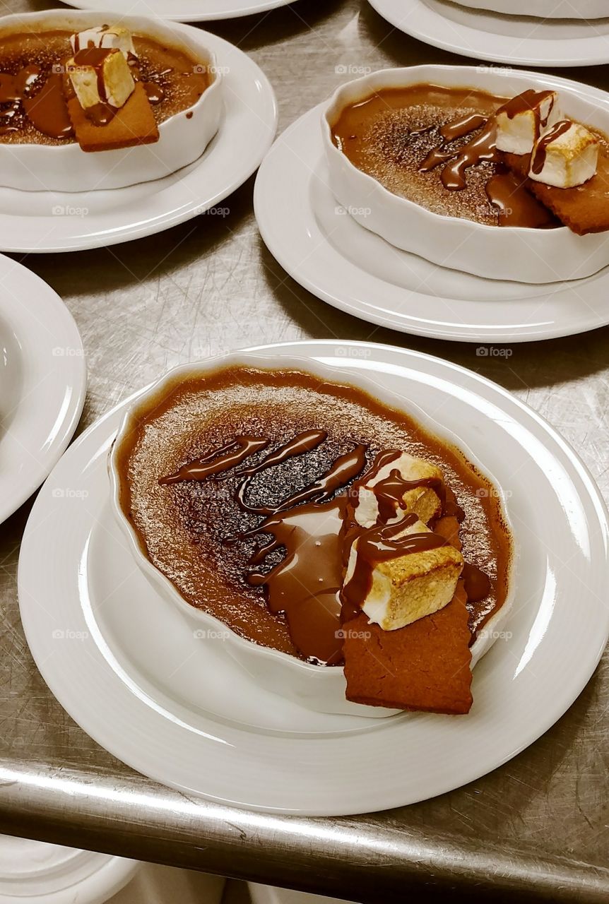 milk chocolate creme brule with chocolate sauce and home made marshmallows