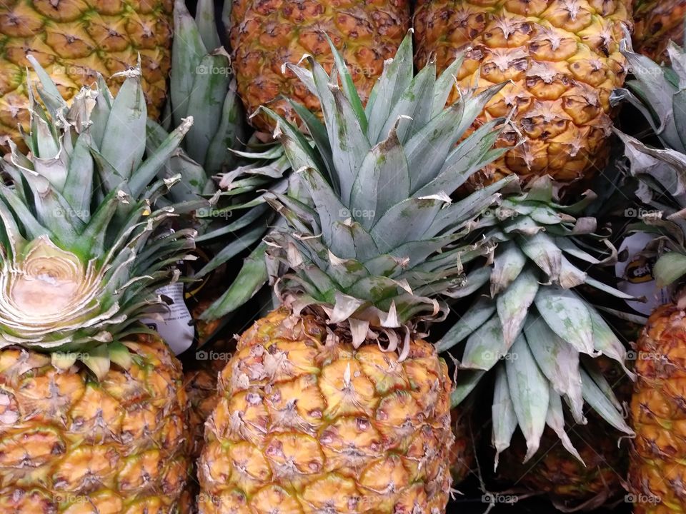 Five pineapples lying in different angles.